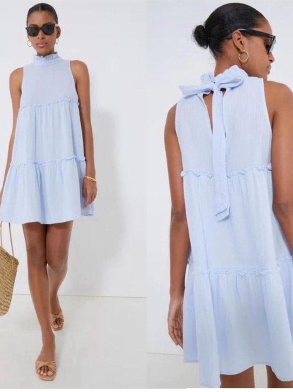 Pomander Place Light Blue Tie-Back Tiered Mini Dress